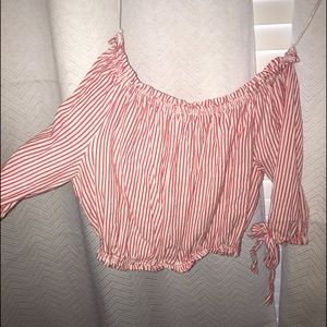 Off the shoulder red and white stripe blouse